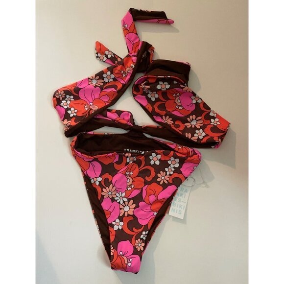 Frankies Bikinis Dorothy One Piece Size S NWT Tropics HalterFloral Pink Brown - Picture 4 of 6